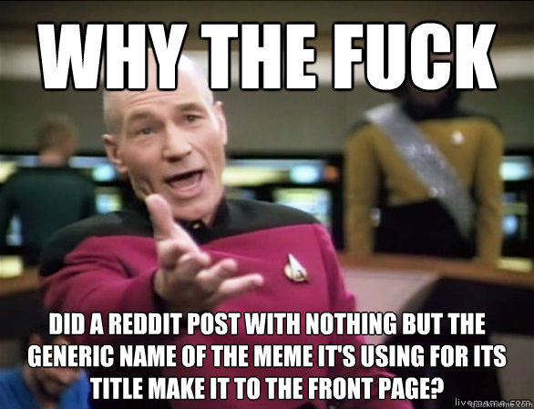 why the fuck did a reddit post with nothing but the generic name of the meme it's using for its title make it to the front page?  Annoyed Picard HD