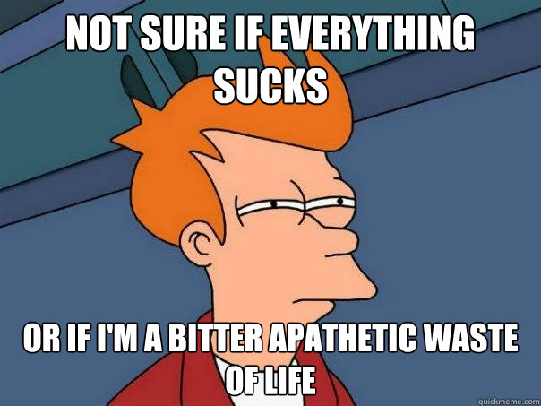 not sure if everything sucks or if i'm a bitter apathetic waste of life - not sure if everything sucks or if i'm a bitter apathetic waste of life  Futurama Fry
