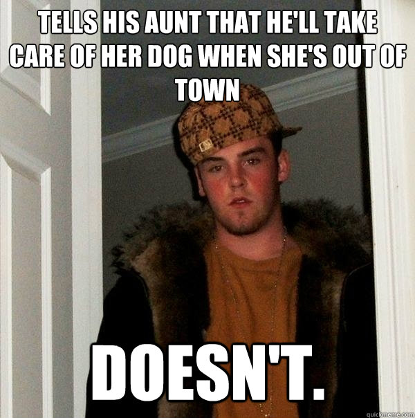 tells his aunt that he'll take care of her dog when she's out of town doesn't.  Scumbag Steve