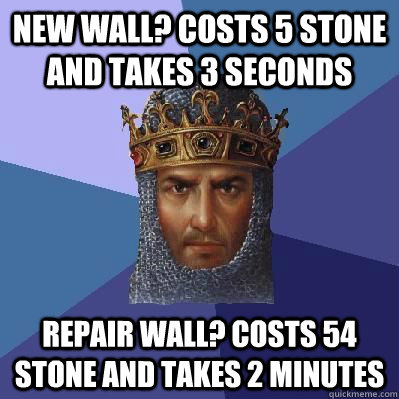 New wall? Costs 5 stone and takes 3 seconds Repair wall? costs 54 stone and takes 2 minutes  Age of Empires
