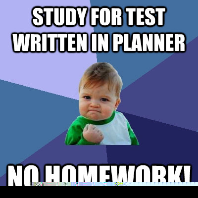 Study for test written in planner NO HOMEWORK! - Study for test written in planner NO HOMEWORK!  Success Kid