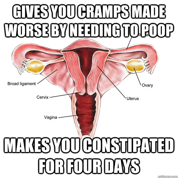 Gives you cramps made worse by needing to poop Makes you constipated for four days - Gives you cramps made worse by needing to poop Makes you constipated for four days  Scumbag Uterus