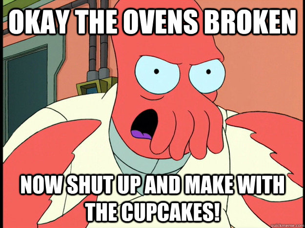 okay the ovens broken now shut up and make with the cupcakes!  Lunatic Zoidberg