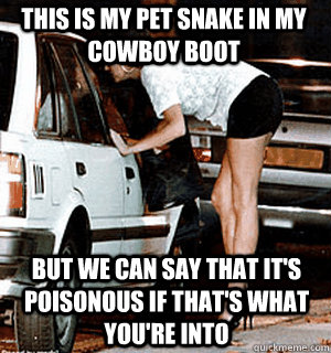 This is my pet snake in my cowboy boot but we can say that it's poisonous if that's what you're into  Karma Whore