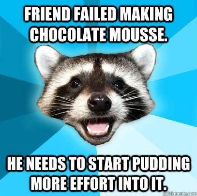 Friend failed making chocolate mousse. he needs to start pudding more effort into it.  Lame Pun Coon