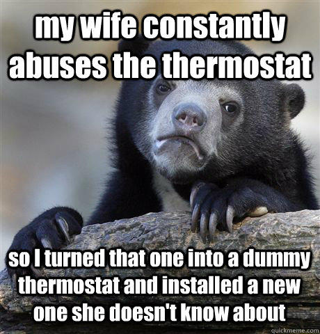 my wife constantly abuses the thermostat so I turned that one into a dummy thermostat and installed a new one she doesn't know about - my wife constantly abuses the thermostat so I turned that one into a dummy thermostat and installed a new one she doesn't know about  Confession Bear