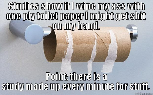  STUDIES SHOW IF I WIPE MY ASS WITH ONE PLY TOILET PAPER I MIGHT GET SHIT ON MY HAND.  POINT: THERE IS A STUDY MADE UP EVERY MINUTE FOR STUFF. Misc