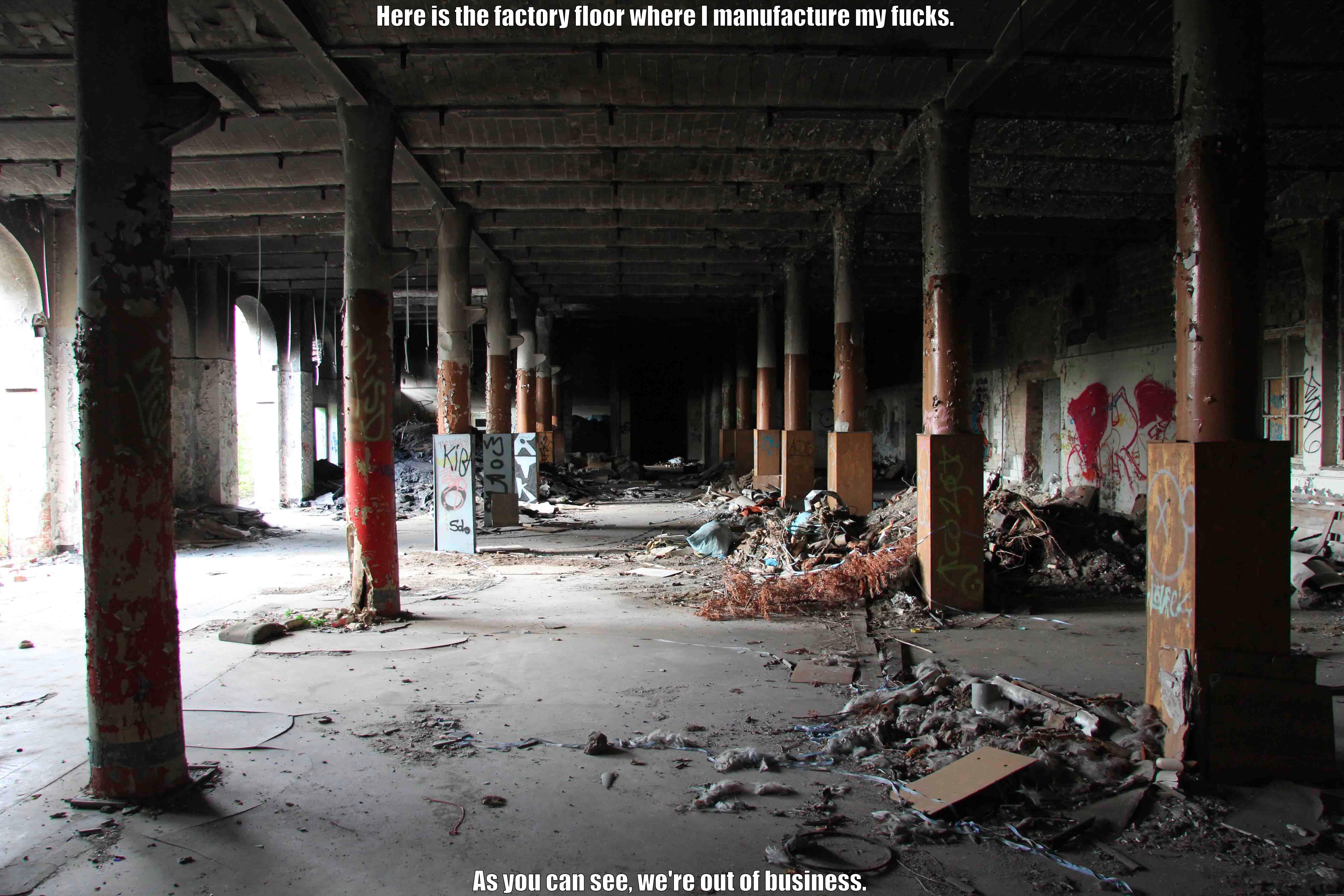 HERE IS THE FACTORY FLOOR WHERE I MANUFACTURE MY FUCKS.   AS YOU CAN SEE, WE'RE OUT OF BUSINESS. Misc