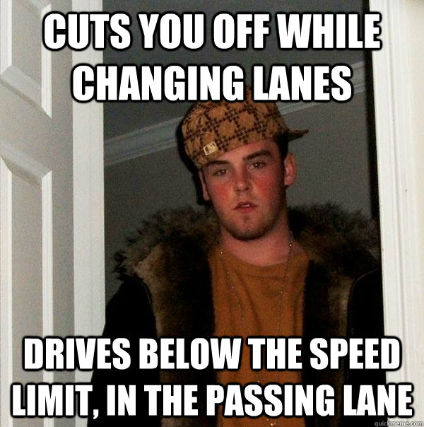 Cuts you off while changing lanes drives below the speed limit, in the passing lane  Scumbag Steve