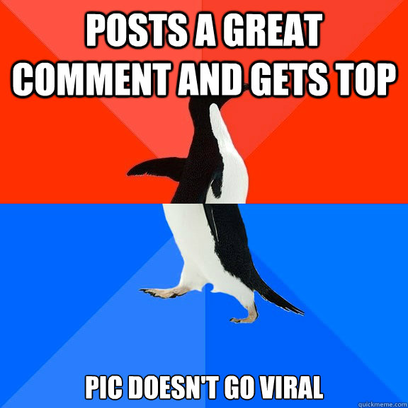 Posts a great comment and gets top Pic doesn't go viral  Socially Awesome Awkward Penguin