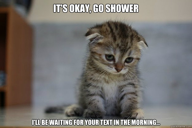 it's okay, go shower i'll be waiting for your text in the morning...  Sad Kitten