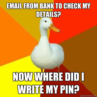 Email from bank to check my details? Now where did I write my PIN?  Tech Impaired Duck