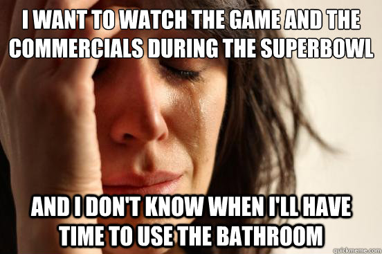 I want to watch the game and the commercials during the superbowl and i don't know when i'll have time to use the bathroom  First World Problems