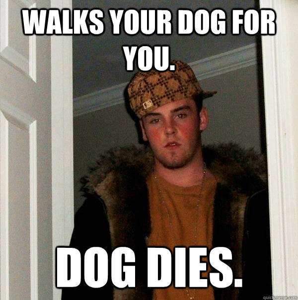 Walks your dog for you. Dog dies.  Scumbag Steve