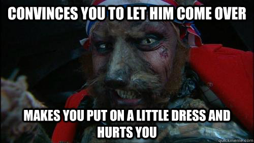 Convinces you to let him come over makes you put on a little dress and hurts you  