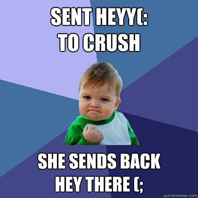 sent heyy(: 
to crush She sends back 
hey there (; - sent heyy(: 
to crush She sends back 
hey there (;  Success Kid