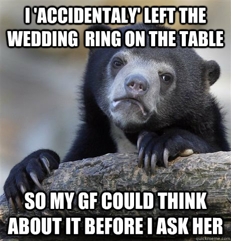 I 'accidentaly' left the wedding  ring on the table  so my gf could think about it before I ask her  Confession Bear
