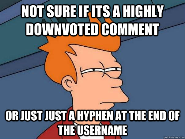 Not sure if its a highly downvoted comment Or just just a hyphen at the end of the username   Futurama Fry