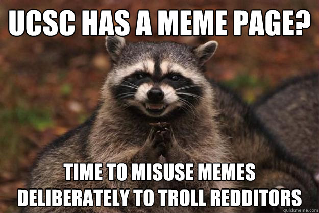 UCSC has a meme page? time to misuse memes deliberately to troll redditors  Evil Plotting Raccoon