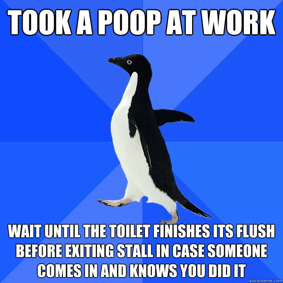 took a poop at work wait until the toilet finishes its flush before exiting stall in case someone comes in and knows you did it  Socially Awkward Penguin