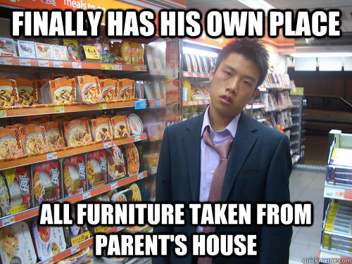Finally has his own place All furniture taken from parent's house  Disenchanted Young Professional