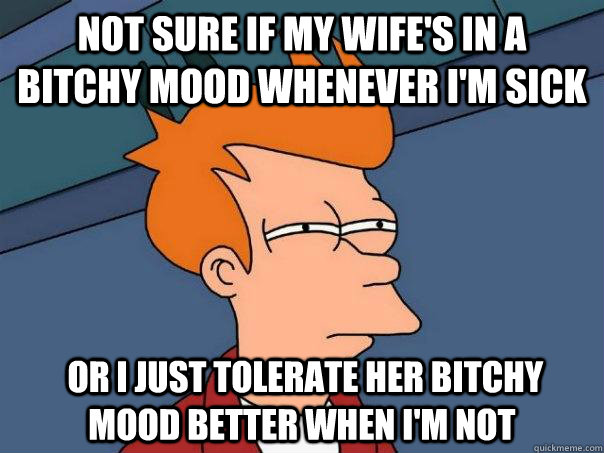 Not sure if my wife's in a bitchy mood whenever I'm sick  Or I just tolerate her bitchy mood better when I'm not  Futurama Fry