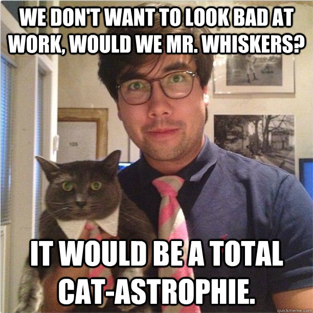 We don't want to look bad at work, would we Mr. whiskers? It would be a total cat-astrophie. - We don't want to look bad at work, would we Mr. whiskers? It would be a total cat-astrophie.  matching buisness partners