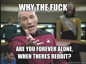 why the fuck are you forever alone, 
when theres reddit? - why the fuck are you forever alone, 
when theres reddit?  Annoyed Picard