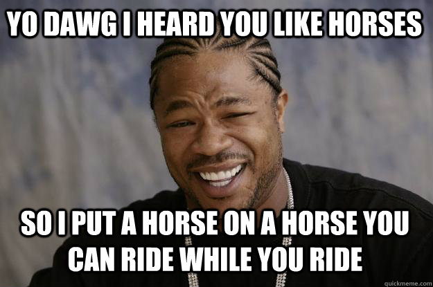 YO DAWG I HEARD YOU LIKE HORSES SO I PUT A HORSE ON A HORSE YOU CAN RIDE WHILE YOU RIDE  Xzibit meme