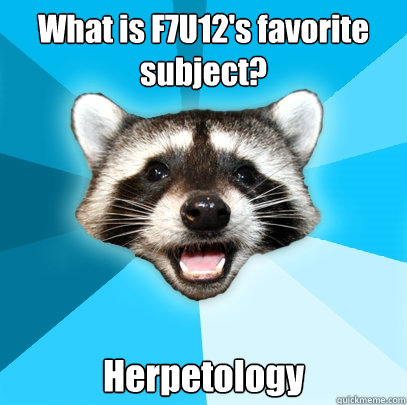 What is F7U12's favorite subject? Herpetology  Lame Pun Coon