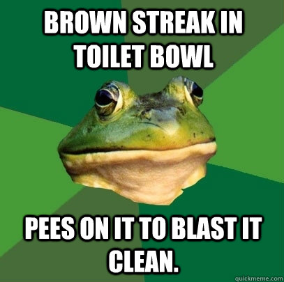 Brown Streak in toilet bowl pees on it to blast it clean. - Brown Streak in toilet bowl pees on it to blast it clean.  Foul Bachelor Frog