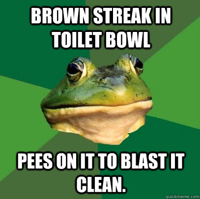 Brown Streak in toilet bowl pees on it to blast it clean.  Foul Bachelor Frog