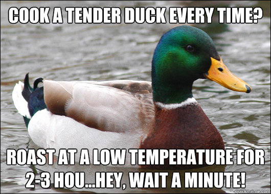 Cook a tender duck every time? Roast at a low temperature for 2-3 hou...Hey, wait a minute!  Actual Advice Mallard