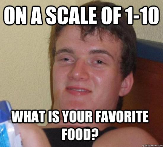 On a scale of 1-10 what is your favorite food? - On a scale of 1-10 what is your favorite food?  10 Guy