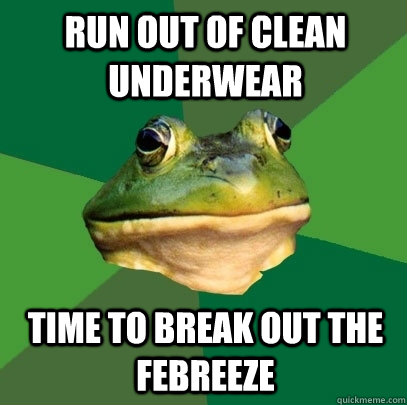 Run out of clean underwear Time to break out the febreeze  Foul Bachelor Frog