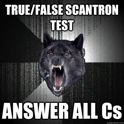 TRUE/FALSE SCANTRON TEST ANSWER ALL Cs  Insanity Wolf