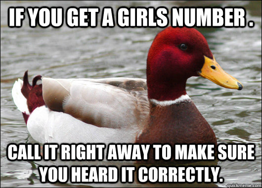 If you get a girls number . Call it right away to make sure you heard it correctly.  Malicious Advice Mallard