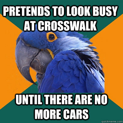 pretends to look busy at crosswalk until there are no more cars  Paranoid Parrot