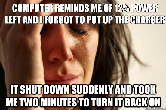 computer reminds me of 12% power left and I forgot to put up the charger It shut down suddenly and took me two minutes to turn it back on  First World Problems