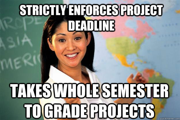 strictly enforces project deadline takes whole semester to grade projects  Unhelpful High School Teacher