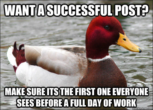 Want a successful post? make sure its the first one everyone sees before a full day of work  Malicious Advice Mallard