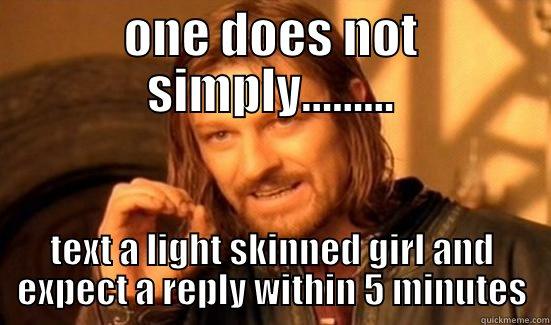 ONE DOES NOT SIMPLY......... TEXT A LIGHT SKINNED GIRL AND EXPECT A REPLY WITHIN 5 MINUTES Boromir