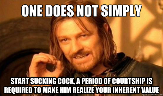 One Does Not Simply start sucking cock, a period of courtship is required to make him realize your inherent value  Boromir