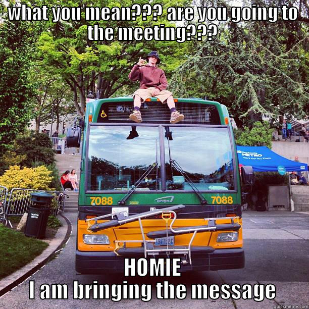 WHAT YOU MEAN??? ARE YOU GOING TO THE MEETING??? HOMIE I AM BRINGING THE MESSAGE Misc