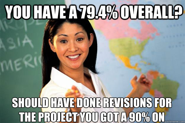 You Have a 79.4% overall? should have done revisions for the project you got a 90% on  Unhelpful High School Teacher