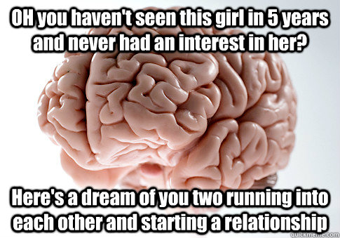 OH you haven't seen this girl in 5 years and never had an interest in her? Here's a dream of you two running into each other and starting a relationship   Scumbag Brain