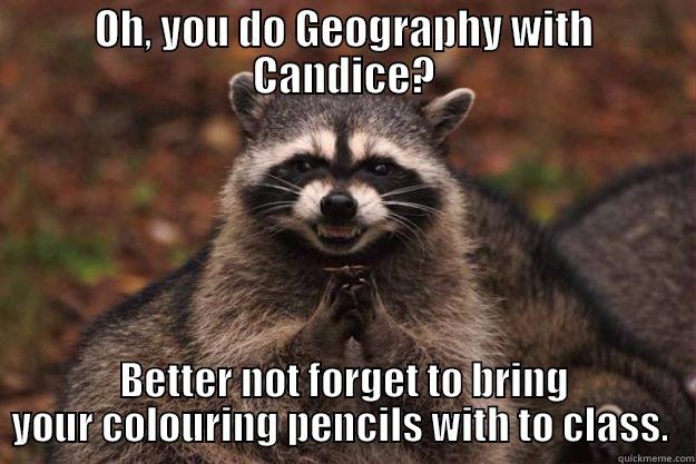 OH, YOU DO GEOGRAPHY WITH CANDICE? BETTER NOT FORGET TO BRING YOUR COLOURING PENCILS WITH TO CLASS.  Evil Plotting Raccoon