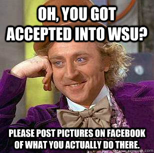 Oh, you got accepted into WSU? Please post pictures on facebook of what you actually do there.  Condescending Wonka