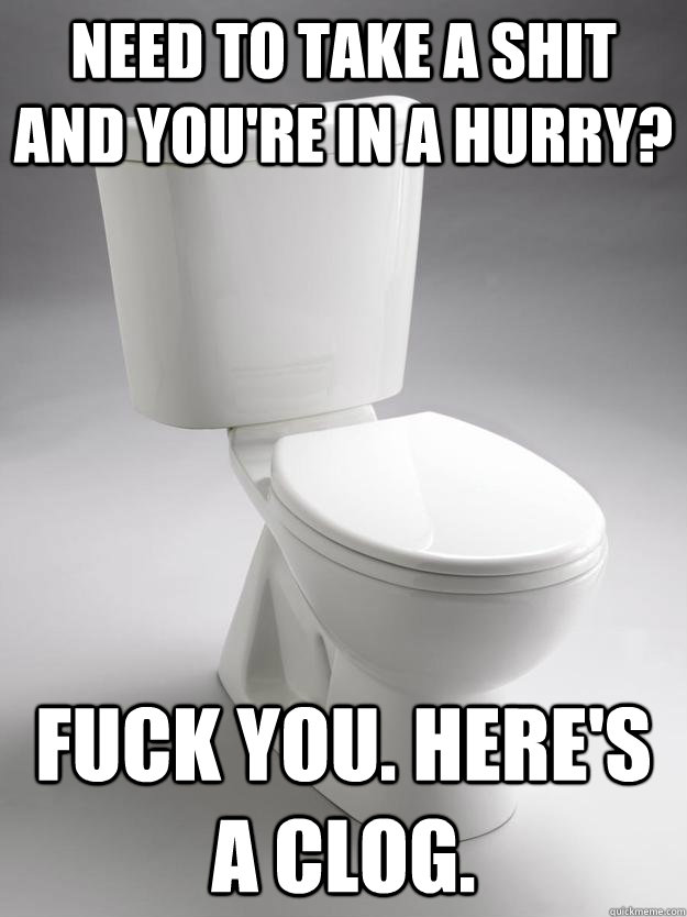 Need to take a shit and you're in a hurry? Fuck you. Here's a clog.  Scumbag Toilet