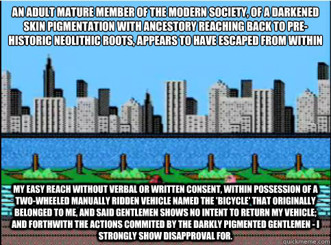 An adult mature member of the modern society, of a darkened skin pigmentation with ancestory reaching back to pre-historic neolithic roots,﻿ appears to have escaped from within my easy reach without verbal or written consent, within possession of a  